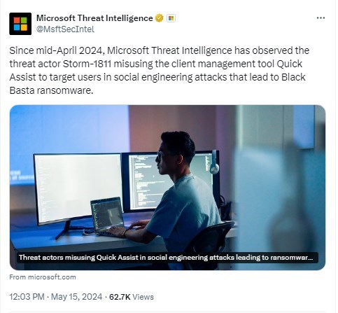 Tweet von Microsoft Security Intelligence zu Storm-1811 und Quick Assist 