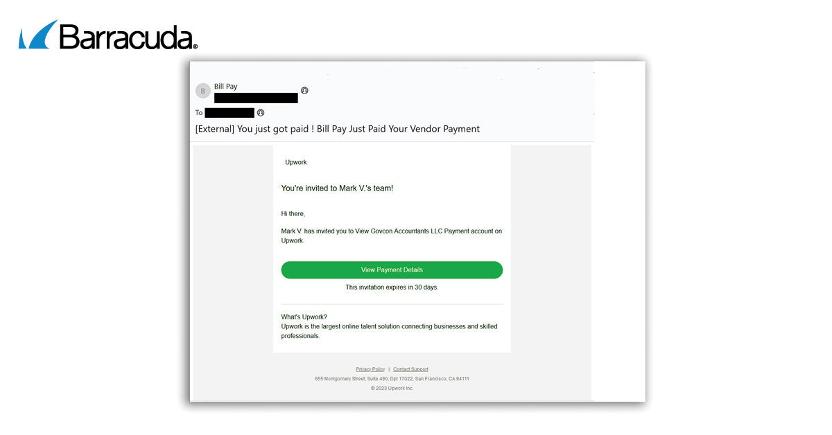 Beispiel für einen E-Mail-Angriff, der die Identität von UpWork missbraucht