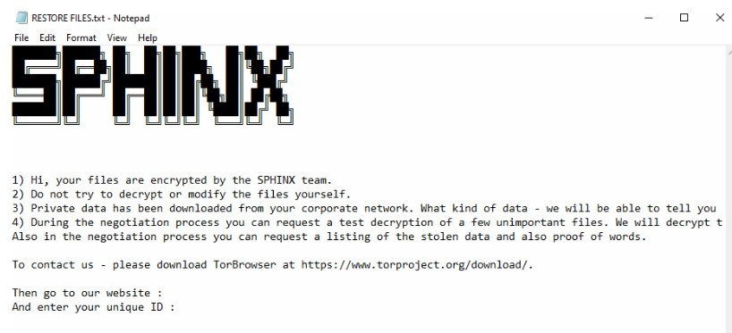 Sphinx-Lösegeldforderung, via Trend Micro