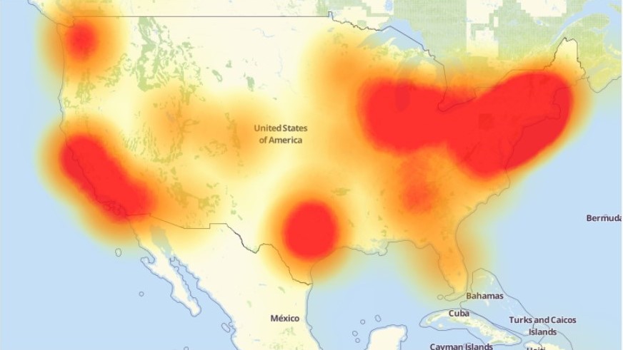 Down Detector-Karte mit Ausfällen durch den Botnet-Angriff auf Dyn DNS