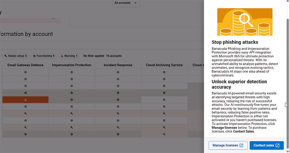 Dashboard-Ansicht der Warnung vor einer fehlenden E-Mail-Gateway Defense-Lizenz (links) und der für MSPs verfügbaren Lizenzierungsoptionen (rechts). Kunden, die keine MSPs sind, haben die Möglichkeit, eine kostenlose Testversion dieser Funktion zu starten.