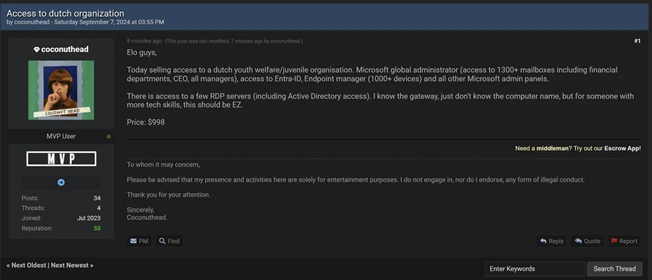 Microsoft Entra ID-Zugang in einem kriminellen Forum über Dark Web Informer zum Verkauf angeboten, 7. September 2024
