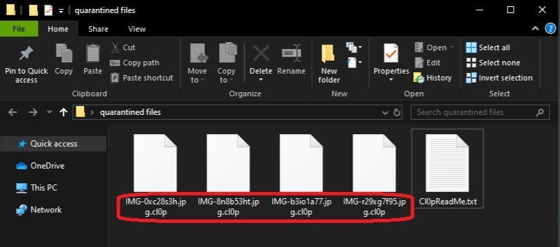 Cl0p-verschlüsselte Dateien auf einem Desktop