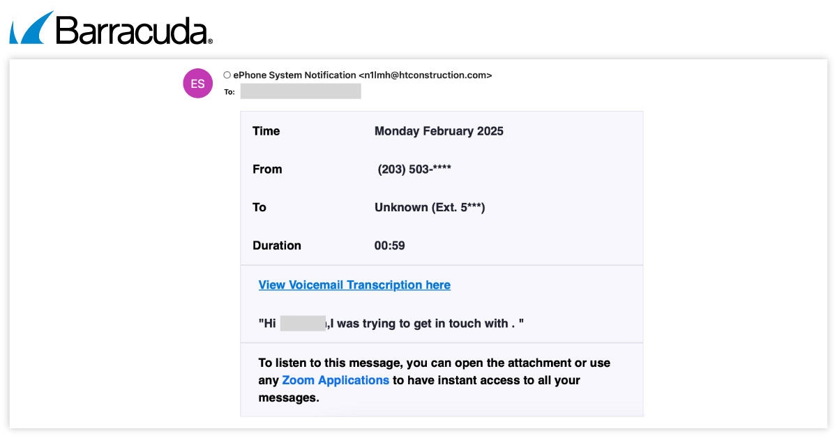 Beispiel für Phishing auf Voicemail-Basis