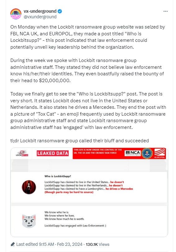 VX Underground veröffentlicht LockBit-Antwort auf Behauptung des FBI bezüglich der Identität VX Underground veröffentlicht LockBit-Antwort auf Behauptung des FBI bezüglich der Identität