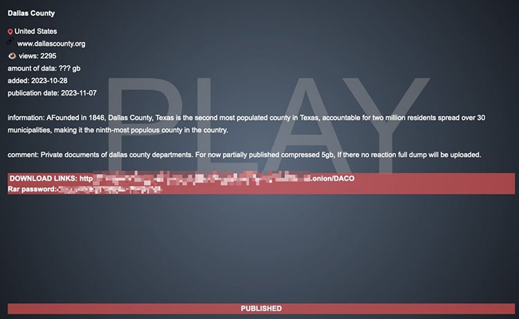 Play-Ransomware veröffentlicht Links zu Dateien des County Dallas