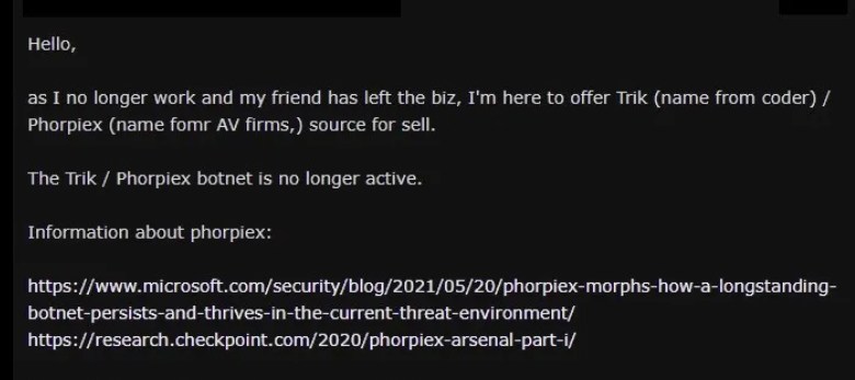 Teilscreenshot eines Forenbeitrags, der für den Verkauf von Phorpiex wirbt
