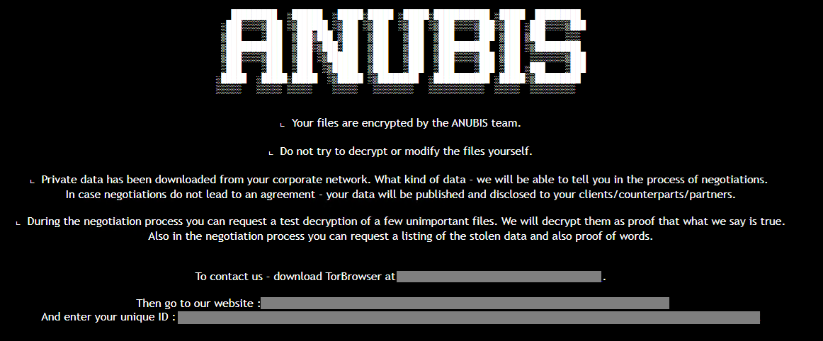 Anubis-Lösegeldforderung, über Trend Micro