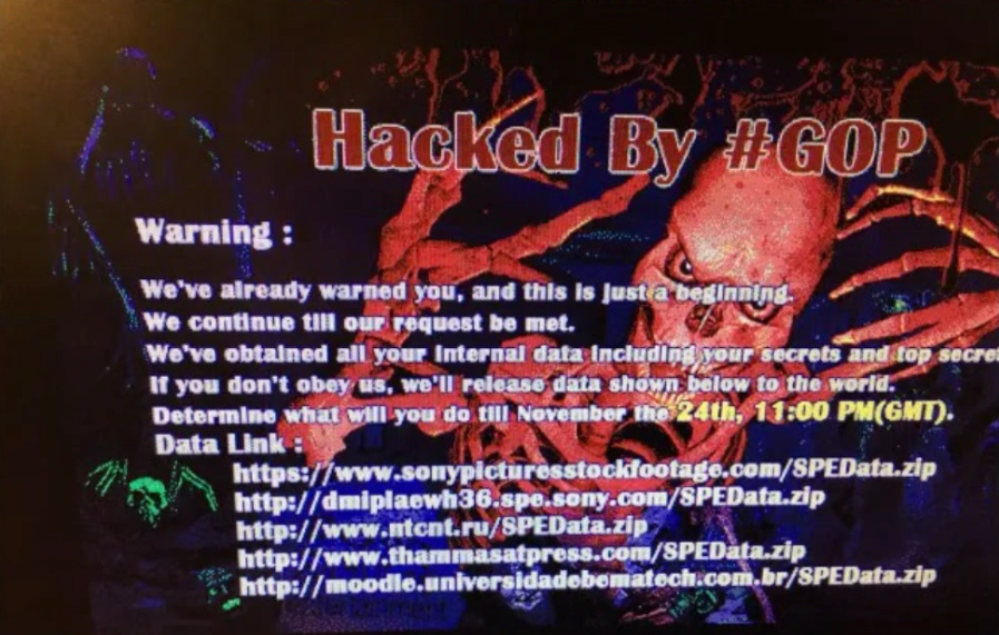 Ein Foto eines Bildschirms, der offenbar die Schädel-Splash-Seite zeigt, die auf Sony-Computern erschien, als der Angriff begann, gepostet von jemandem, der angab, ein ehemaliger Sony-Mitarbeiter zu sein, der das Bild von aktuellen Sony-Mitarbeitern zugesandt bekam. Das Bild wurde zuerst auf Reddit gepostet. Via Wired