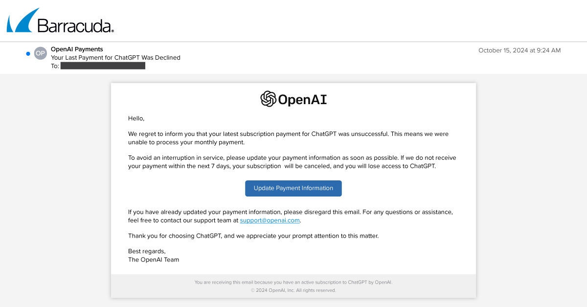 Beispiel für einen Phishing-Angriff, der die Identität von OpenAI missbraucht