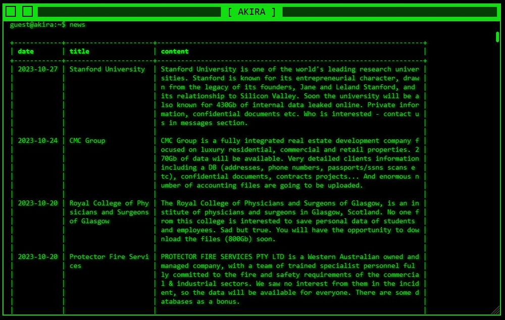 Akira-Leak-Website mit der Stanford University an oberster Stelle, via Bitdefender. 