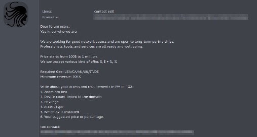 Medusa-Post im Cybercrime-Forum mit der Bitte um &quot;guten Netzwerkzugang&quot; für Ziele in „USA/CA/AU/UK/IT/DE“