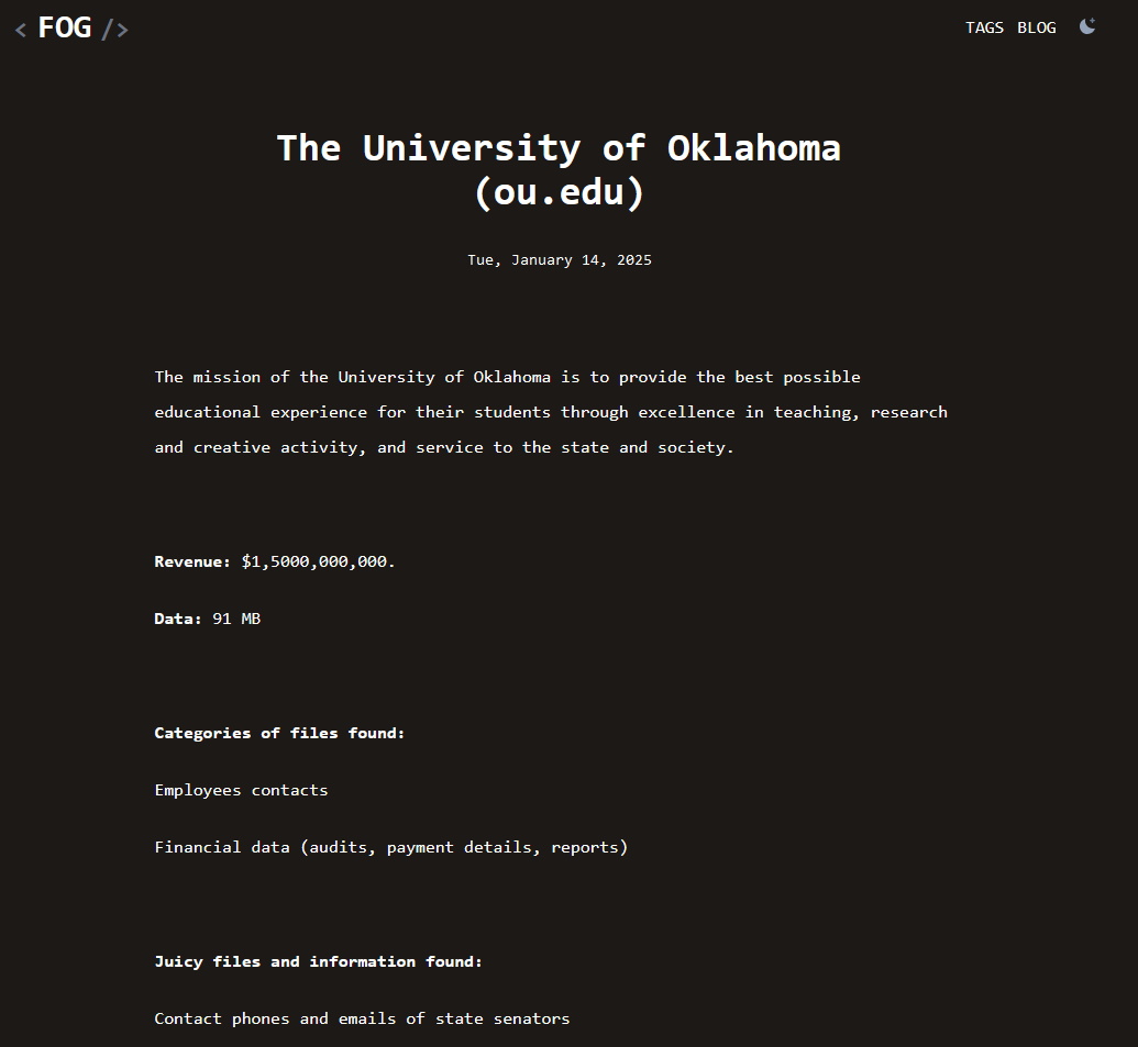 Die University of Oklahoma erscheint auf der Fog-Leak-Site, via DarkWebInformer