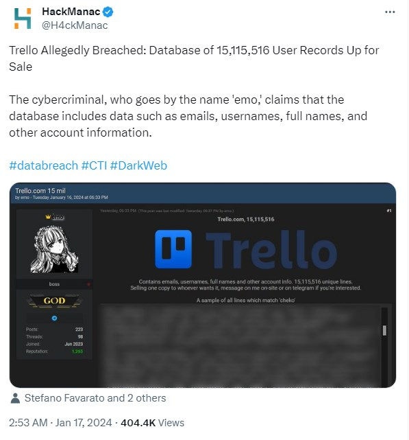 X (ehemals Twitter) -Beitrag zum Trello-Datenbankleck
