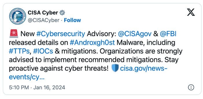 FBI und CISA geben gemeinsame Cybersecurity-Empfehlung zu androxgh0st heraus