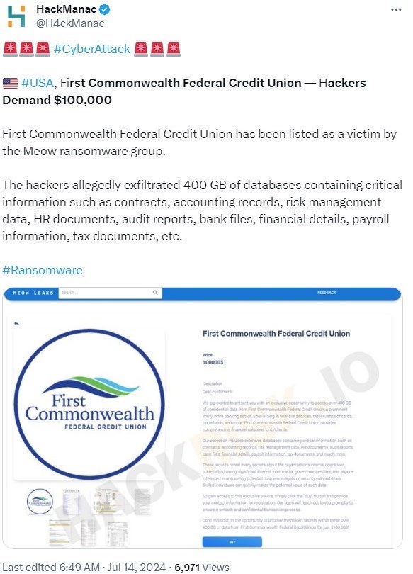 Meow-Ransomware listet die First Commonwealth Federal Credit Union auf ihrer Leak-Seite