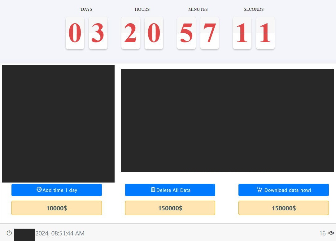 Medusa-Blogbeitrag mit Opferinformationen (geschwärzt), Countdown-Timer und Menü mit Optionen