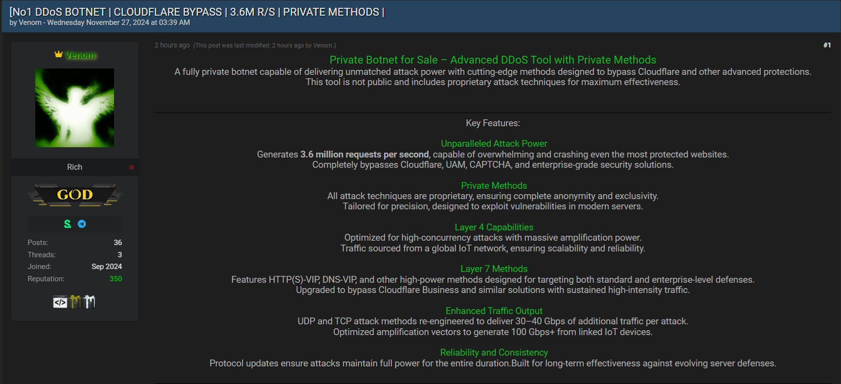 Breachforums-Beitrag wirbt für den Verkauf eines privaten Botnets mit erweiterten DDoS-Funktionen 