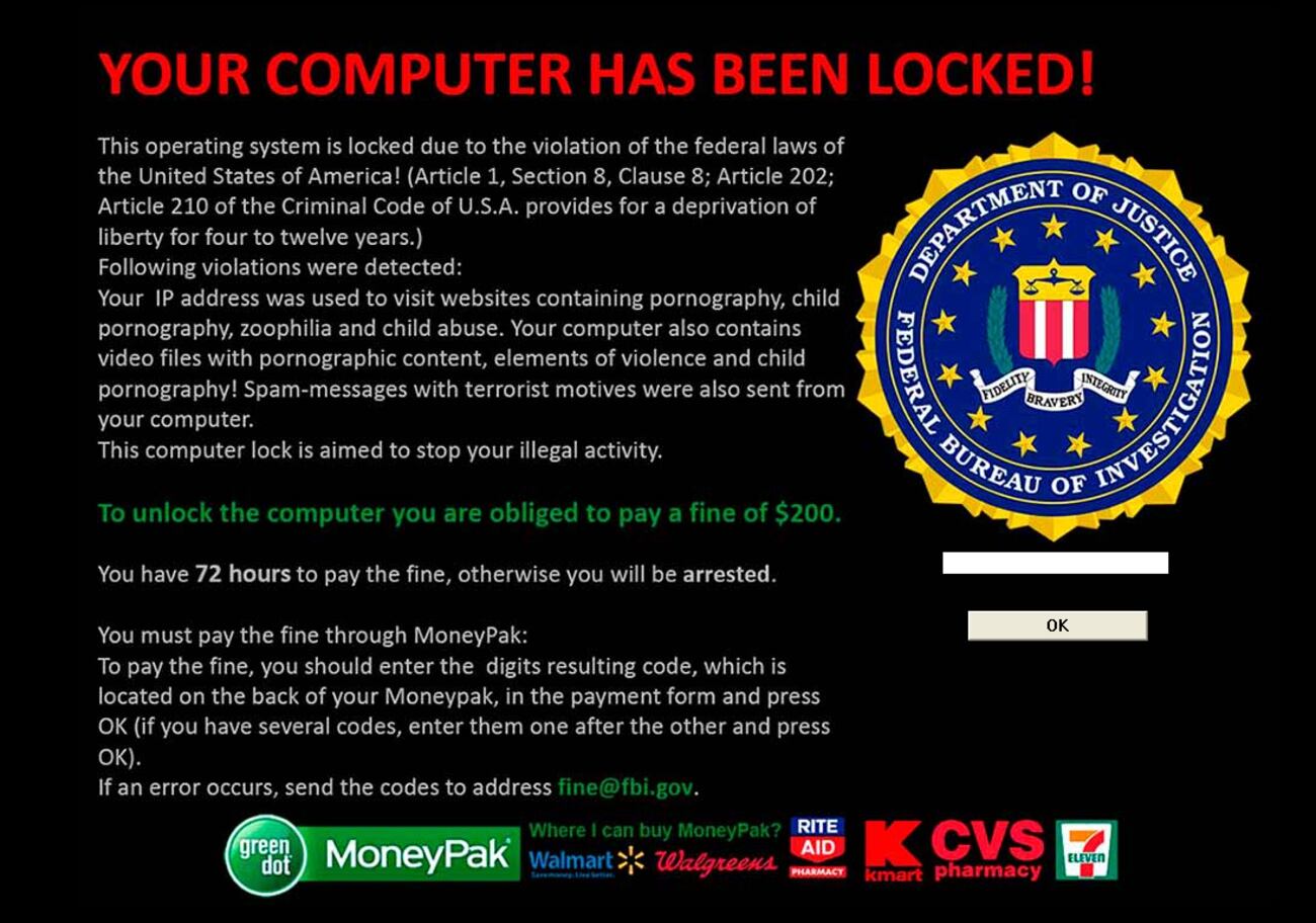 Screenshot des Startbildschirms der Reveton Ransomware, 2013