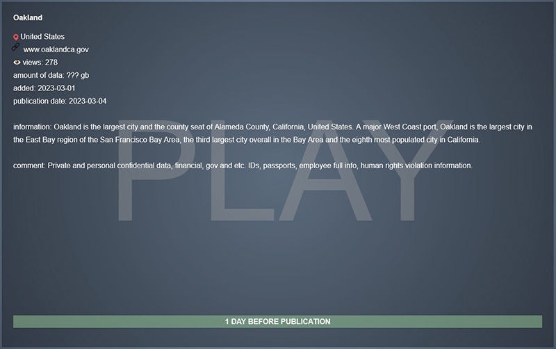 Erpressungswebsite der Ransomware-Gruppe Play, die den Diebstahl der Daten der Stadt Oakland bekanntgibt