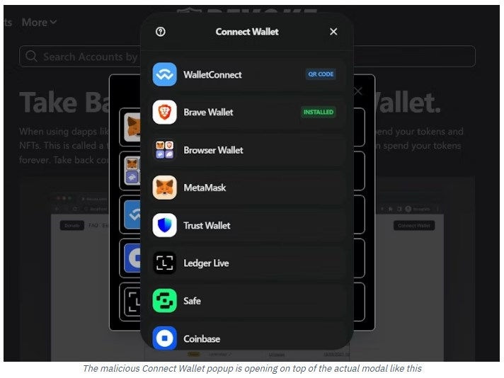 Abbildung – Kryptowährungs-Wallet-Drainer-Popup, das darauf abzielt, Assets aus der Wallet eines Besuchers zu stehlen.