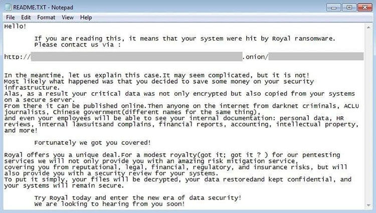 Mitteilung von Royal-Ransomware an DCAD