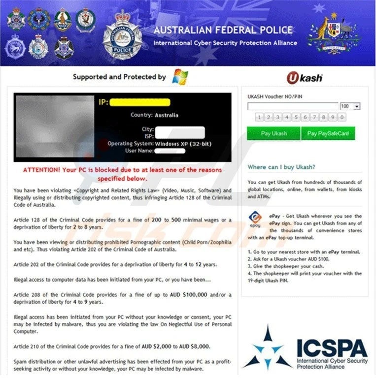 Screenshot einer betrügerischen Benachrichtigung, die Reveton 2013 über PCRisk gegen Opfer in Australien verwendet hat. 