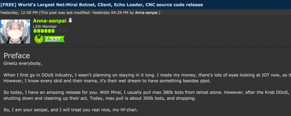 Mirai-Quellcode-Leak in Hackforums, über KrebsOnSecurity