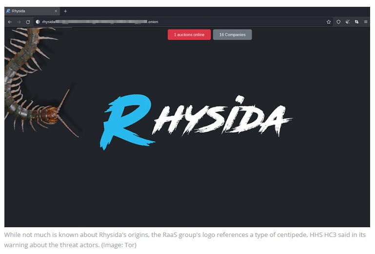 Screenshot der Rhysida-Leak-Site mit dem Tausendfüßler-Logo