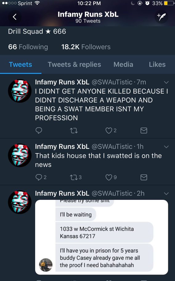 Tyler Barris tweetet während des SWAT-Angriffs auf Finch, via Krebs on Security